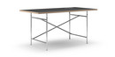 Eiermann Table, Linoleum black (Forbo 4023) with oak edge, 160 x 80 cm, Chrome, Angled, offset (Eiermann 1), 110 x 66 cm