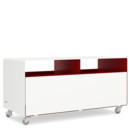 TV Lowboard R 108N, Pure white (RAL 9010) - Ruby red (RAL 3003), Transparent castors