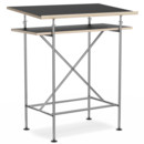 High Desk Milla, 70cm, Clear lacquered steel, Linoleum nero (Forbo 4023) with oak edges