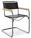 S 33 / S 34 Cantilever Chair, Armrests natural stained beech, Butt leather, Black, Black plastic glides with felt