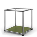 USM Haller Side Table 35, Upper panel glass, lower panel metal, Olive green RAL 6003