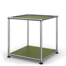 USM Haller Side Table 35, Upper panel lacquered glass, lower panel metal, Olive green RAL 6003