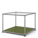 USM Haller Side Table 50, Upper panel glass, lower panel metal, Olive green RAL 6003