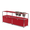USM Haller Plant World Sideboard, USM ruby red, With 2 drop-down doors, With 3 pots on the right, Basalt