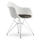 Eames Plastic Armchair RE DAR, White, With seat upholstery, Warm grey / moor brown, Standard version - 43 cm, Chrome-plated