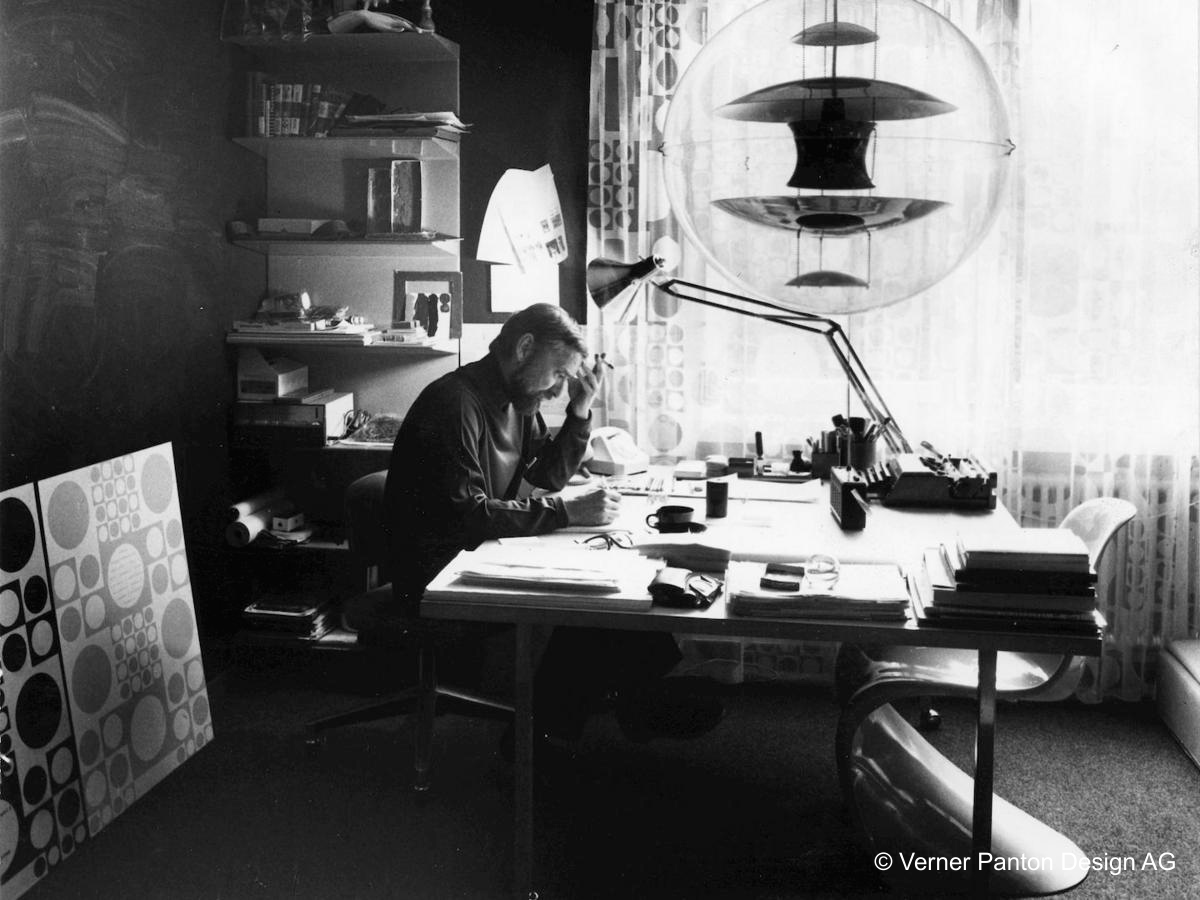 Verner Panton in his studio - with Panton Chair and Globe pendant light