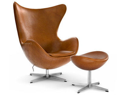 Egg Chair Leather Grace|Walnut|Satin polished aluminium|With footstool