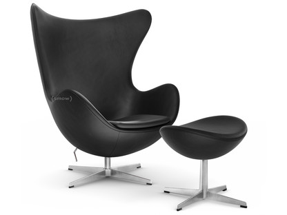 Egg Chair Leather Essential|Black|Satin polished aluminium|With footstool
