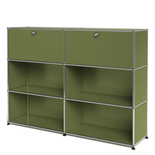 USM Haller Highboard L, Edition Olive Green, Customisable With 2 drop-down doors|Open|Open