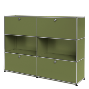 USM Haller Highboard L, Edition Olive Green, Customisable With 2 drop-down doors|Open|With 2 drop-down doors