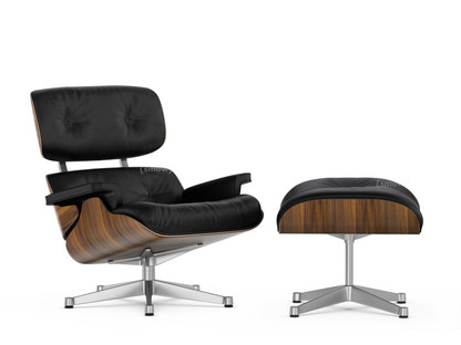 Lounge Chair & Ottoman Walnut with black pigmentation|Leather Premium F nero|84 cm - Original height 1956|Aluminium polished
