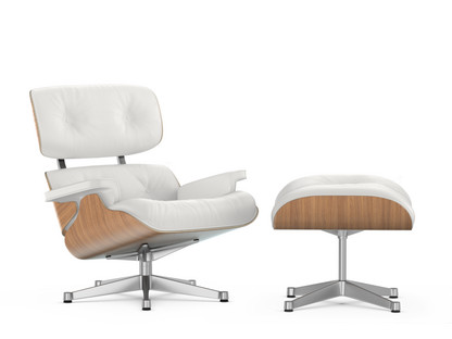 Lounge Chair & Ottoman Walnut with white pigmentation|Leather Premium F snow|84 cm - Original height 1956|Aluminium polished