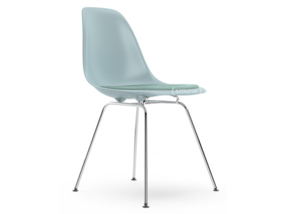 Eames Plastic Side Chair RE DSX Ice grey|With seat upholstery|Ice blue / ivory|Standard version - 43 cm|Chrome-plated