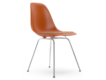Eames Plastic Side Chair RE DSX Rusty orange|With seat upholstery|Cognac / ivory|Standard version - 43 cm|Chrome-plated