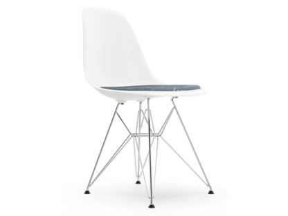 Eames Plastic Side Chair RE DSR White|With seat upholstery|Dark blue / ivory|Standard version - 43 cm|Chrome-plated
