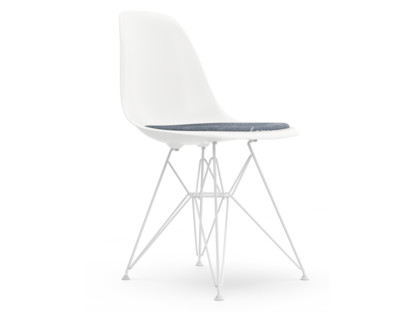 Eames Plastic Side Chair RE DSR White|With seat upholstery|Dark blue / ivory|Standard version - 43 cm|Coated white