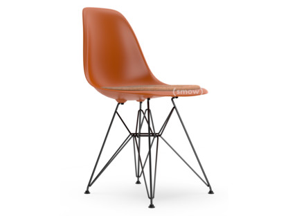 Eames Plastic Side Chair RE DSR Rusty orange|With seat upholstery|Cognac / ivory|Standard version - 43 cm|Coated basic dark