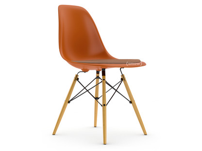 Eames Plastic Side Chair RE DSW Rusty orange|With seat upholstery|Cognac / ivory|Standard version - 43 cm|Yellowish maple