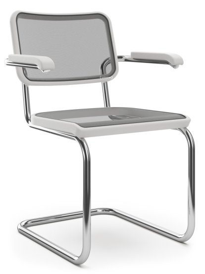 S 64 / S 64 N Cantilever Chair, Stretched synthetic netting, White varnished beech, Black plastic glides with felt