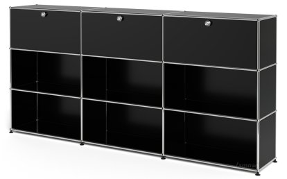 USM Haller Highboard XL, Customisable, Graphite black RAL 9011, With 3 drop-down doors, Open, Open