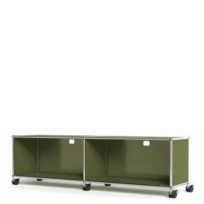 USM Haller TV-/HiFi-Lowboard, Customisable, Olive green RAL 6003, Open, With cable entry hole top centre