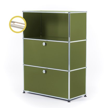 USM Haller E Highboard M with 2 Drop-down Doors and Compartment Lighting, Olive green RAL 6003, Warm white
