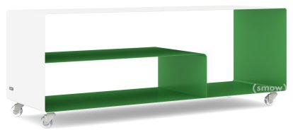 Sideboard R 111, Bicoloured, Pure white (RAL 9010) - May green (RAL 6017), Transparent castors