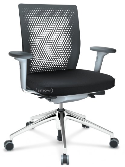 ID Air, Basic dark, Plano fabric-66 nero, Soft grey, 5 star foot, polished aluminium, With 2D armrests, Hard castors for carpets