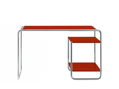 S 285/1 - S 285/2 Desk, Ash tomato red, open-pored lacquered, S 285/2: 2 shelves inside, right