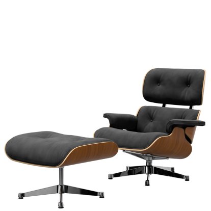 Eames Lounge Chair & Ottoman Calma, Walnut, natural, Calma, dark grey, 84 cm - Original height 1956, Aluminium polished