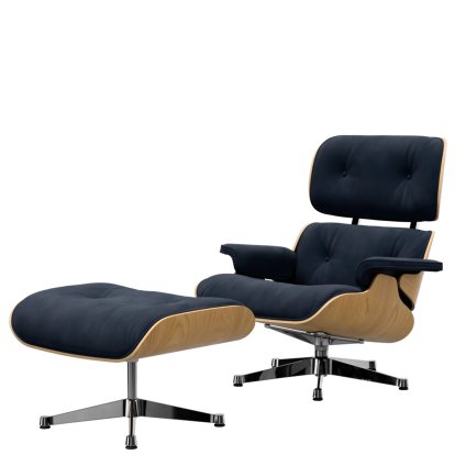 Eames Lounge Chair & Ottoman Calma, Chestnut, natural, Calma, night blue, 89 cm, Aluminium polished