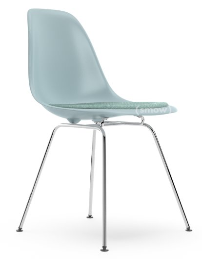 Eames Plastic Side Chair RE DSX, Ice grey, With seat upholstery, Ice blue / ivory, Standard version - 43 cm, Chrome-plated