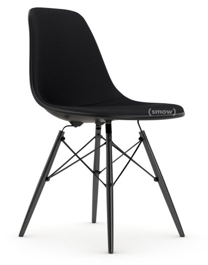Eames Plastic Side Chair RE DSW, Deep black, With full upholstery, Nero, Standard version - 43 cm, Black maple