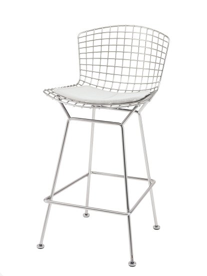Bertoia Barstool, with cushion, satin chrome-plated, Ivory (Tonus 100)