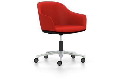 Softshell Chair with five star base, Aluminium polished, Plano, Poppy red, Soft castors for hard floor surfaces