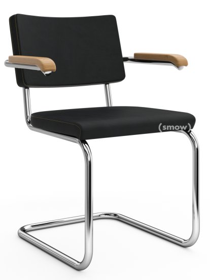 S 64 PV Pure Materials Cantilever Chair, Nubuk Leather black, Oak, Chrome-plated, Black plastic glides with felt