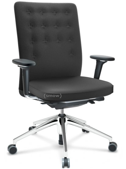 ID Trim, Without lumbar support, FlowMotion-without tilt mechanism, without seat depth adjustment, With 3D-armrests, 5 star foot, polished aluminium, Seat and back Plano, Dark grey, Soft castors for hard floor surfaces
