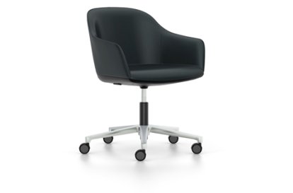 Softshell Chair with five star base, Aluminium polished, Leather (Standard), Nero, Hard castors for carpets