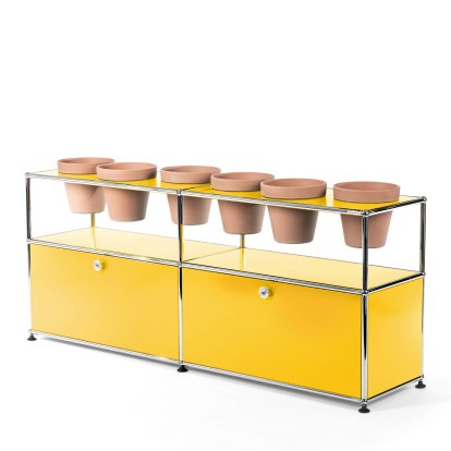 USM Haller Plant World Sideboard, Golden yellow RAL 1004, With 2 drop-down doors, With 6 pots, Terracotta