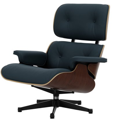 Eames Lounge Chair, Dark walnut, Leather Premium F smoky blue, 89 cm, Aluminium polished, sides black