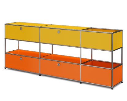 USM Haller Kids Sideboard L with storage boxes, Bicoloured, Golden yellow RAL 1004 - Pure orange RAL 2004, With drop-down door