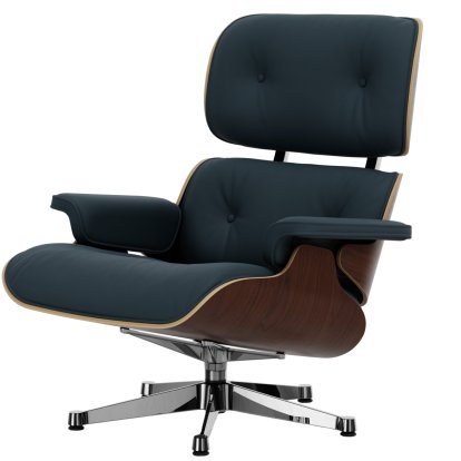 Eames Lounge Chair, Dark walnut, Leather Premium F smoky blue, 89 cm, Aluminium polished
