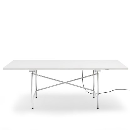 Eiermann 1 Table E (Electric Height Adjustment), White melamine with white edge, 200 x 90 cm, Chrome, Without cable duct