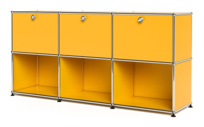 USM Haller Sideboard 50, Customisable, Golden yellow RAL 1004, With 3 drop-down doors, Open