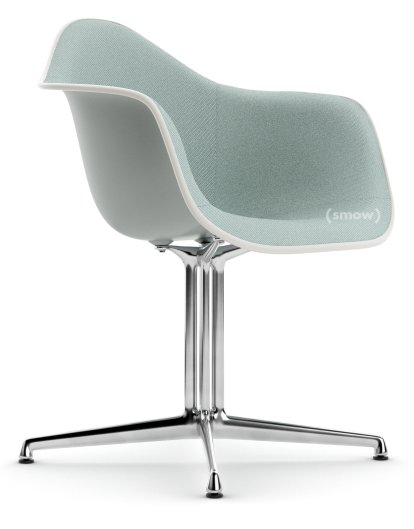 Eames Plastic Armchair RE DAL, Light grey, With full upholstery, Ice blue / ivory, Aluminium polished, New seat height (43,0 cm)