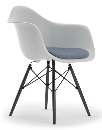 Eames Plastic Armchair DAW, Cotton white, With seat upholstery, Dark blue / ivory, Standard version - 43 cm, Black maple