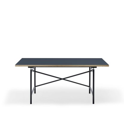 Eiermann 1 Table M (Mechanical Height Adjustment), Linoleum smokey blue (Forbo 4179) with oak edge, 160 x 80 cm, Black