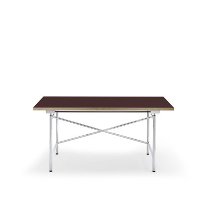 Eiermann 1 Table M (Mechanical Height Adjustment), Linoleum burgundy (Forbo 4154) with oak edge, 140 x 80 cm, Chrome