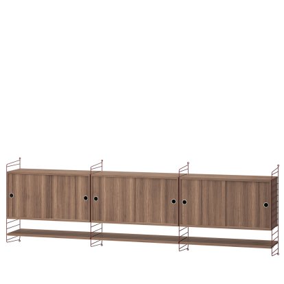 String System Wall Shelf with 3 Wall Units, Walnut veneer, Dark red