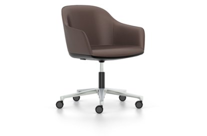 Softshell Chair with five star base, Aluminium polished, Leather (Standard), Marron, Soft castors for hard floor surfaces